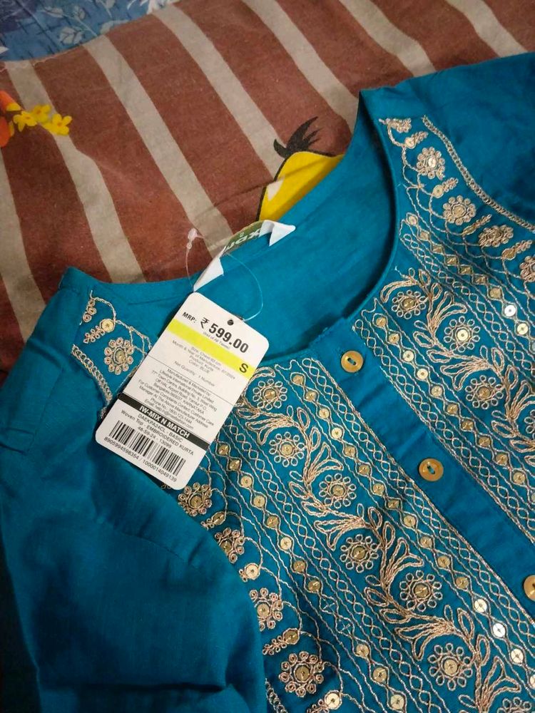 Teal Embroidered Kurti - Size S