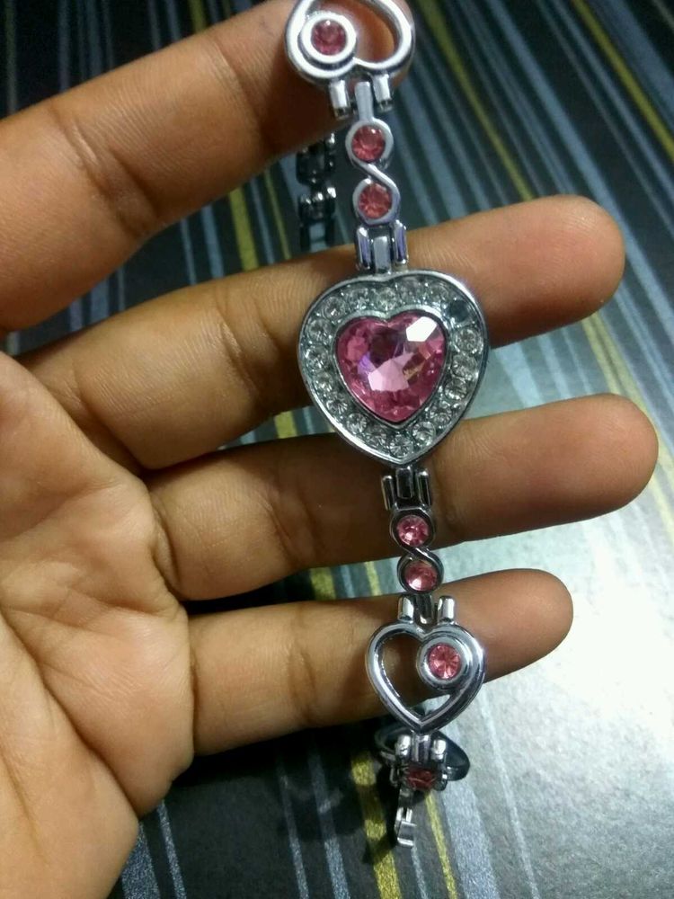 Silver Pink Heart Shaped Bracelet