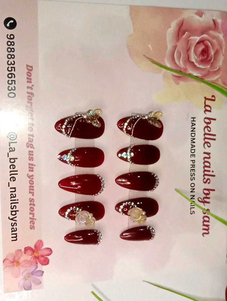 Premium Handmade Maroon Press-On Nails with Gems