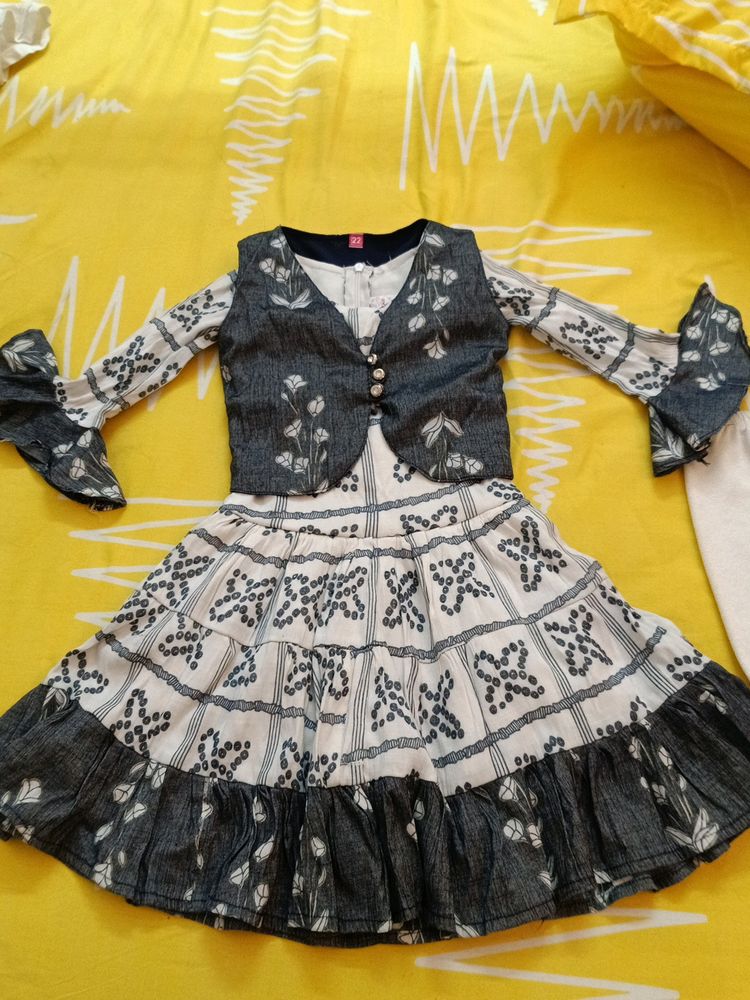 Grey and White Frock With Jacket Plus Leggings