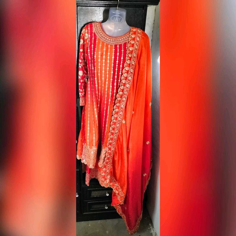 Women Ethnic Motifs Embroidery Sequins Orange Suit