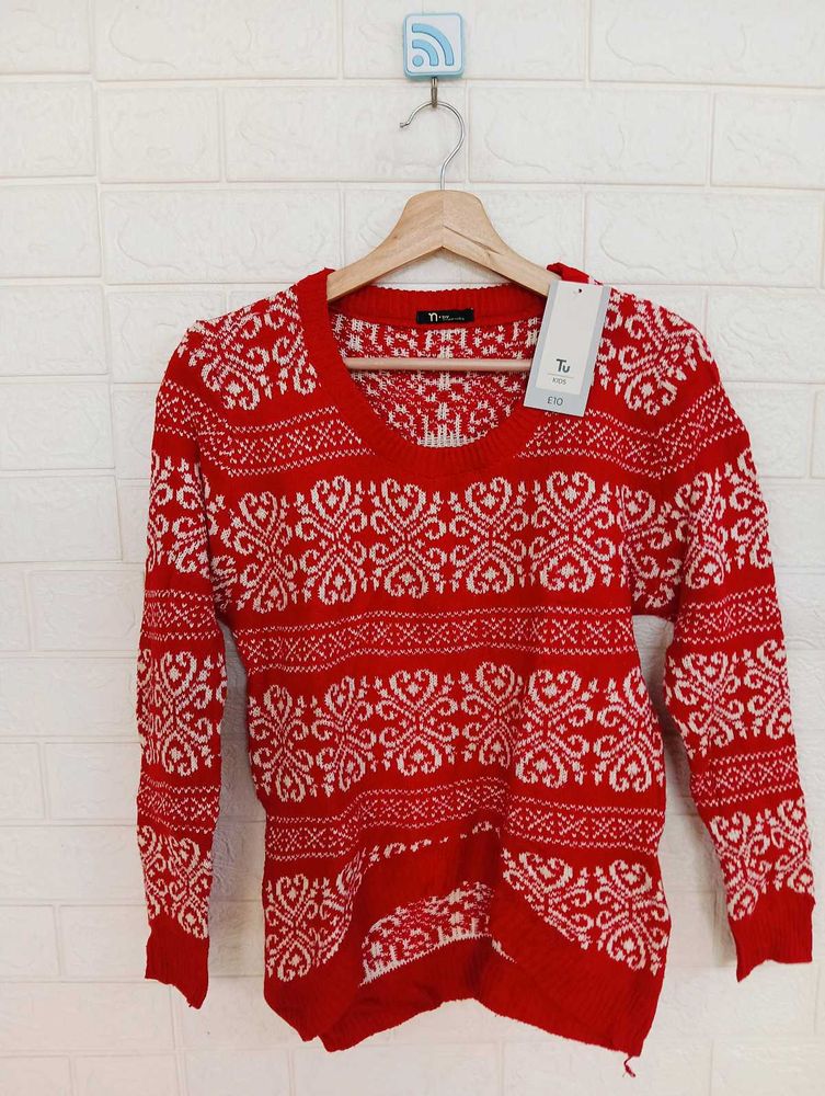 Red Patterned Knit Sweater