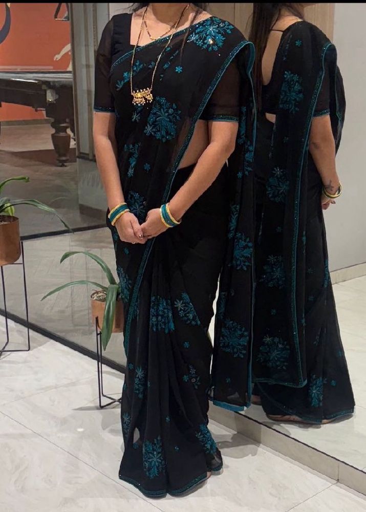 Embroidered Black &amp; Teal Blue Saree