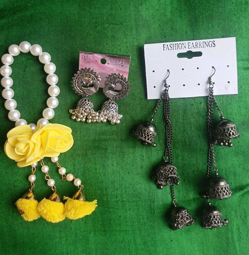 2 Earrings And Hath Phool Combo 🌺♥️💛