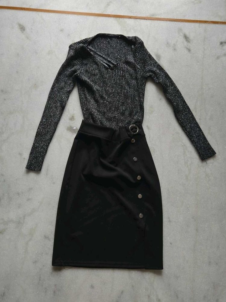 Sparkly Black Top And Mini Skirt Set