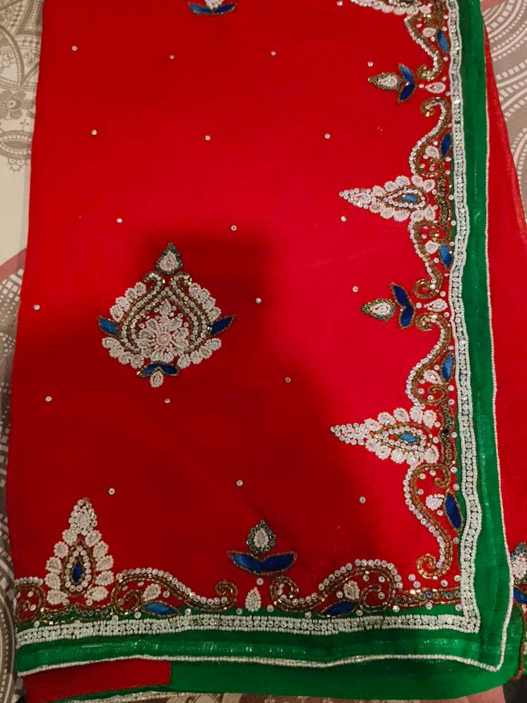 Red Embellished Saree