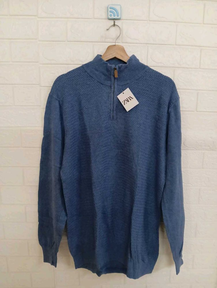 Zara Blue 1/4 Zip Mock Neck Sweater