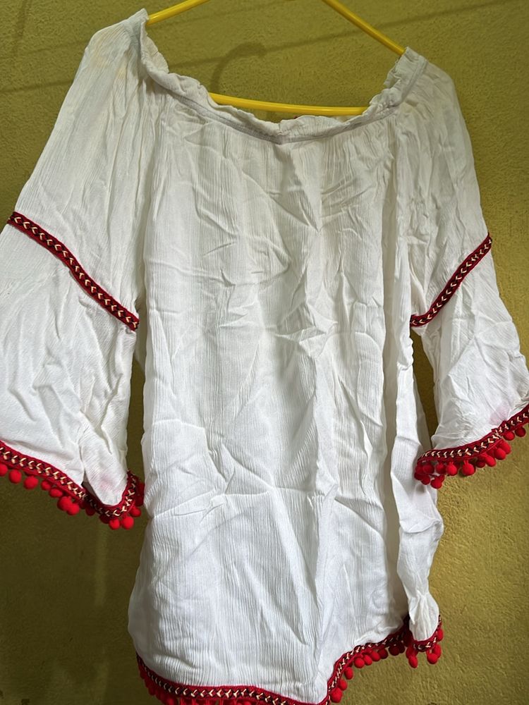 Off Shoulder White And Red Top