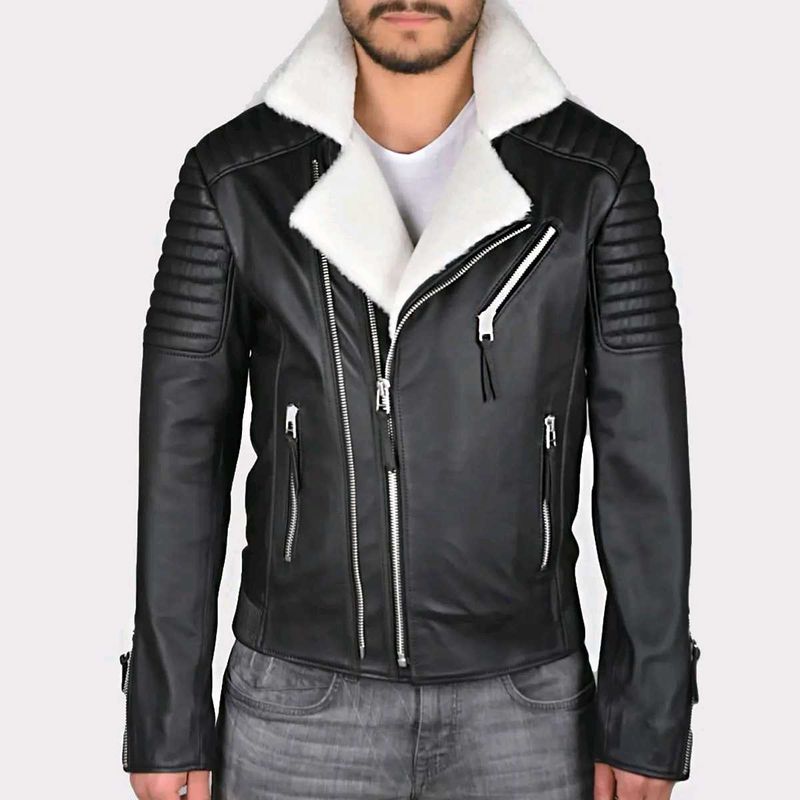 Shearling Collar Leather Moto Jacket
