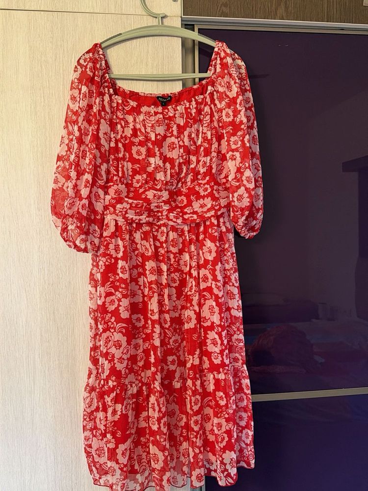 Floral Red Cinched Waist Midi Dress