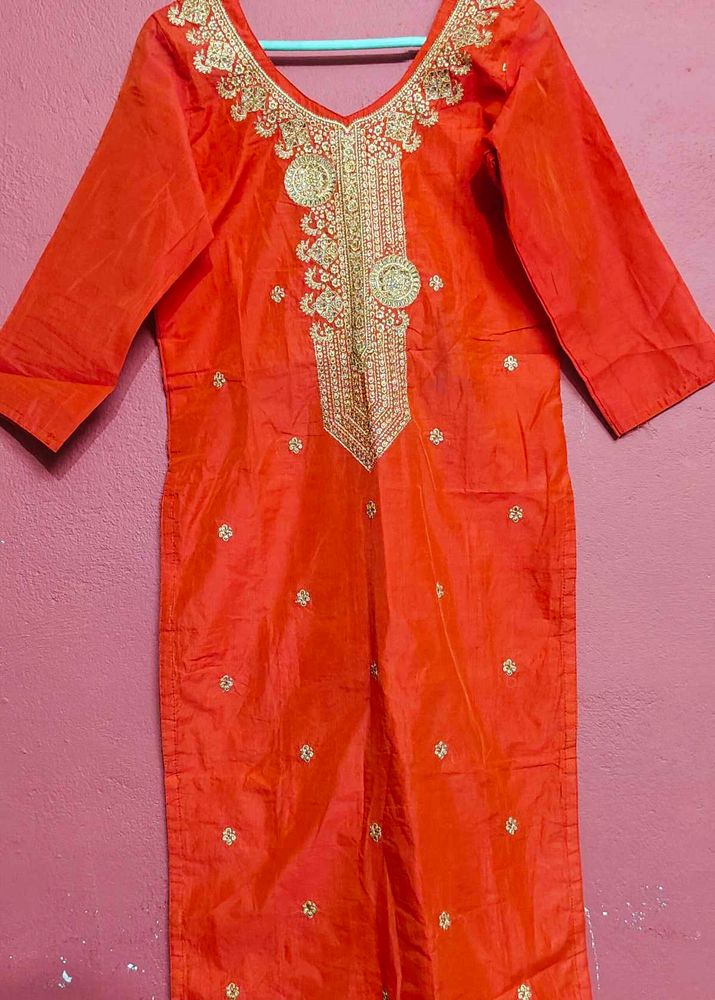 Orange Embroidered Kurti