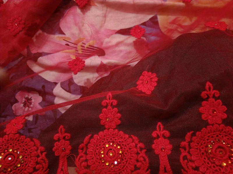New Cherry Red Heavy Saree With Attached