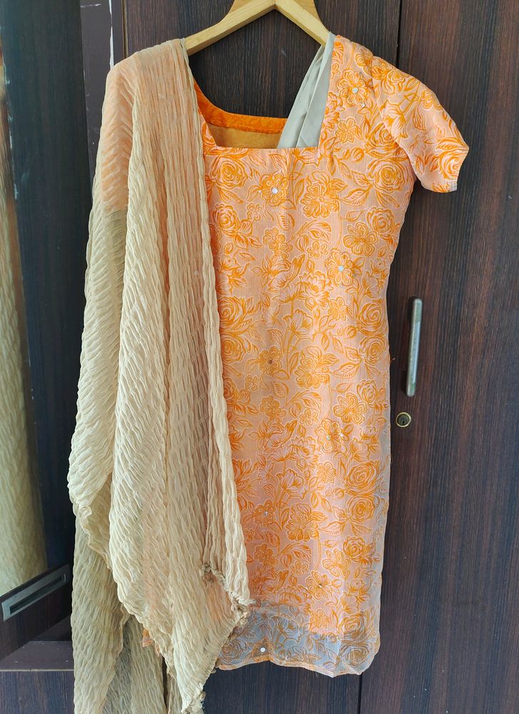 Orange And Beige Crepe Kurta Suit Set | Bust Upto 38 | Waist Free Size