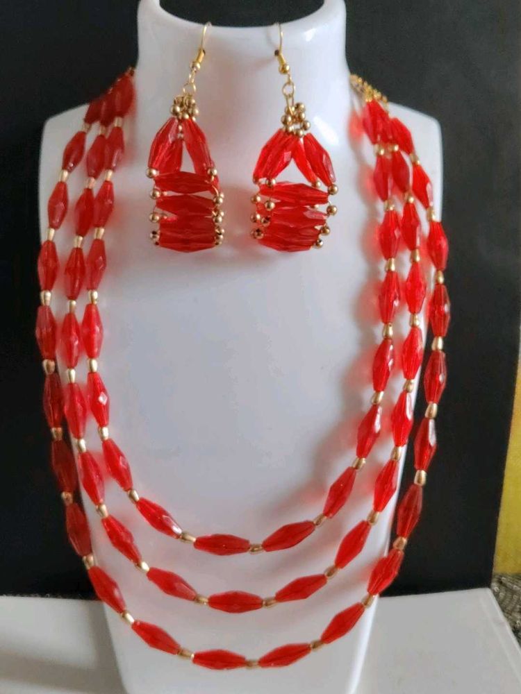 Red Beaded Jewelry Set - Handmade by SHREE SHILP C
