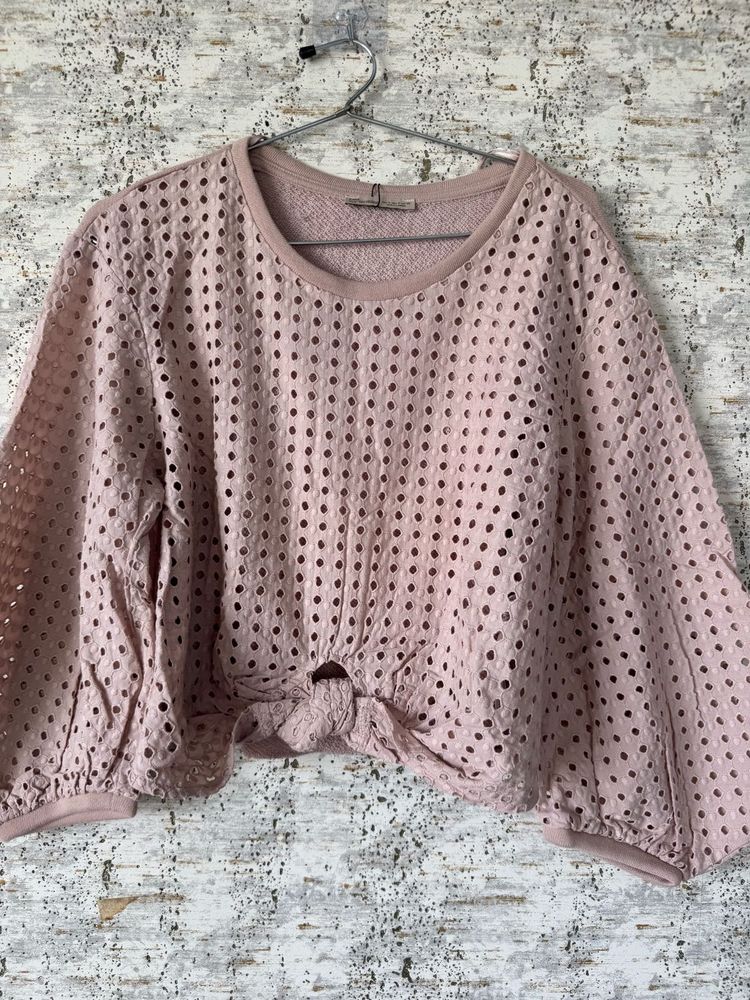 Pink Eyelet Tie-Front Top