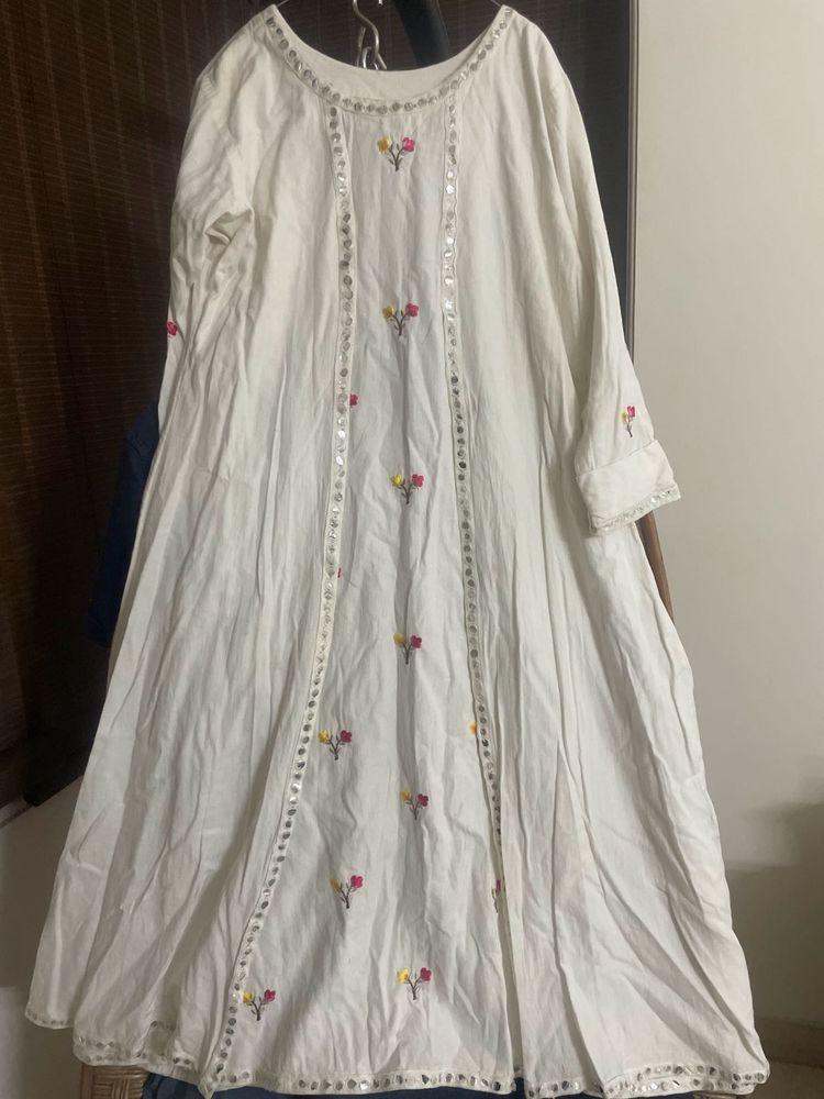 Elegant Pure Cotton White Embroidered Long Kurta