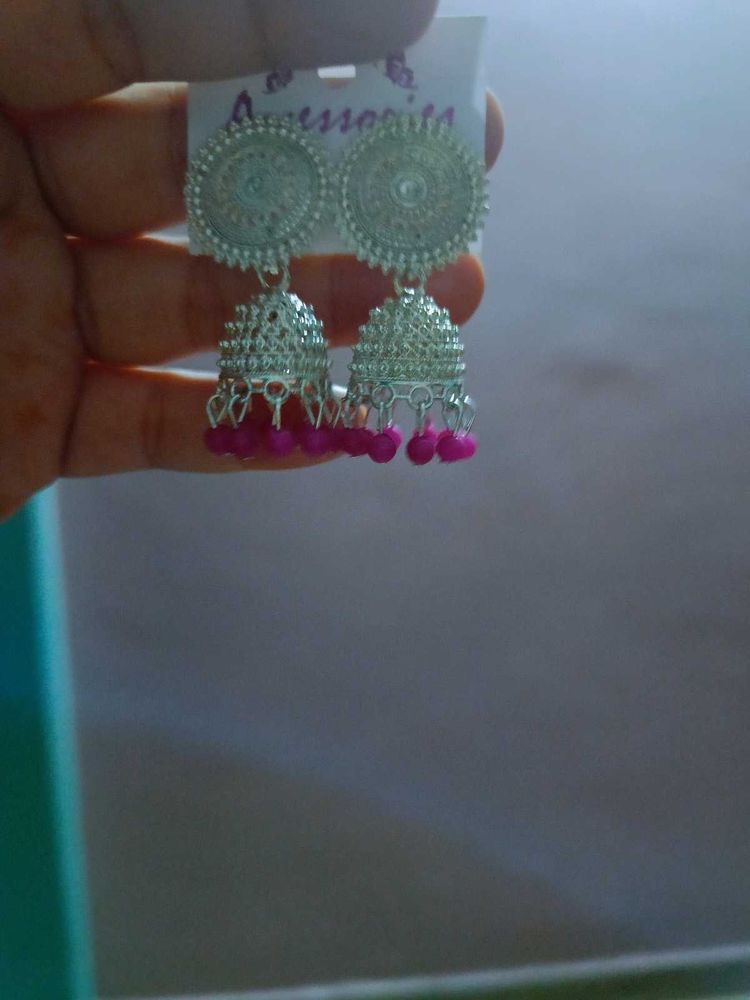 Silver Jhumka Earrings with Pink Beads