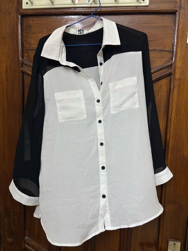 Black &amp; White Sheer Button-Up Top For Girls