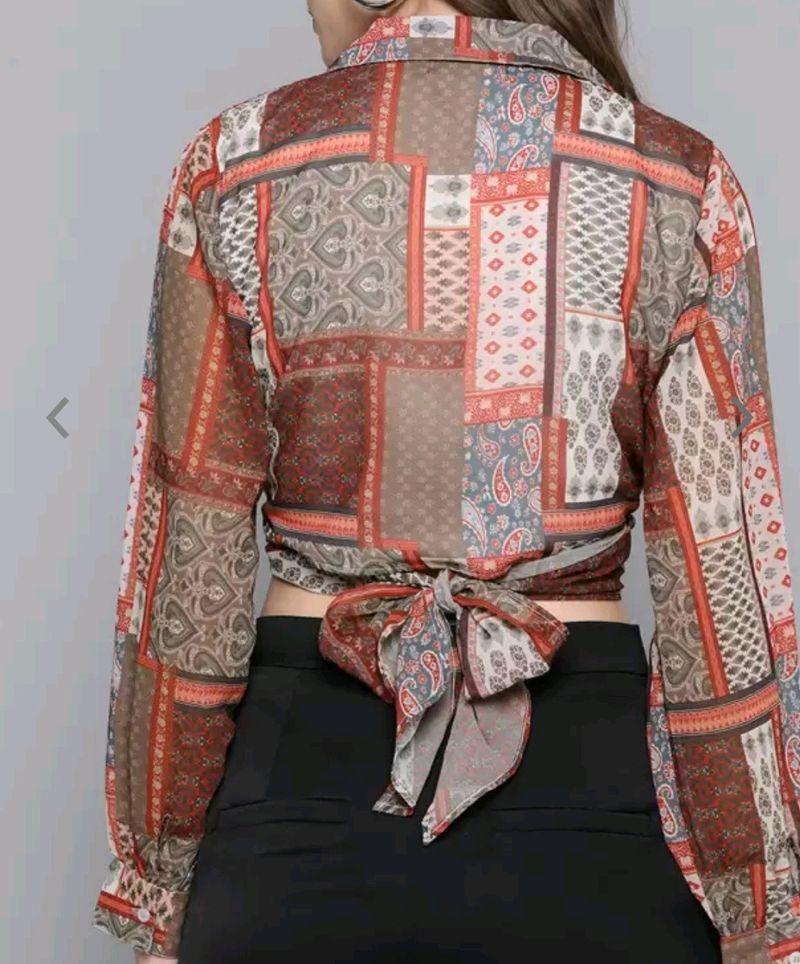 Brown And Red Geometric Printed Wrap Crop Top