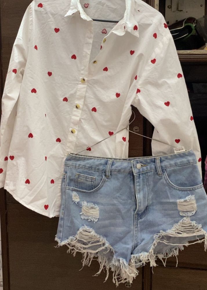 Heart Pattern Top &amp; Denim Shorts