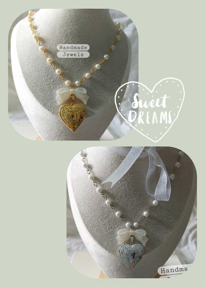 Anime Style Heart Locket Pearl Bow Necklace