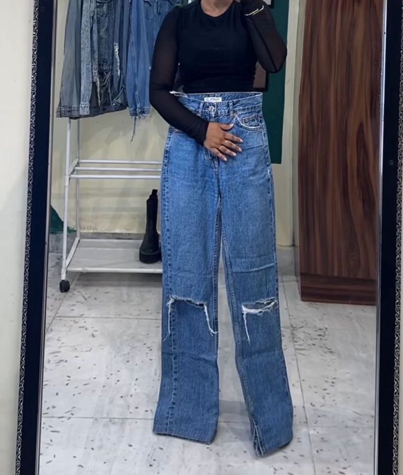 Distressed Wide Leg Denim Jeans