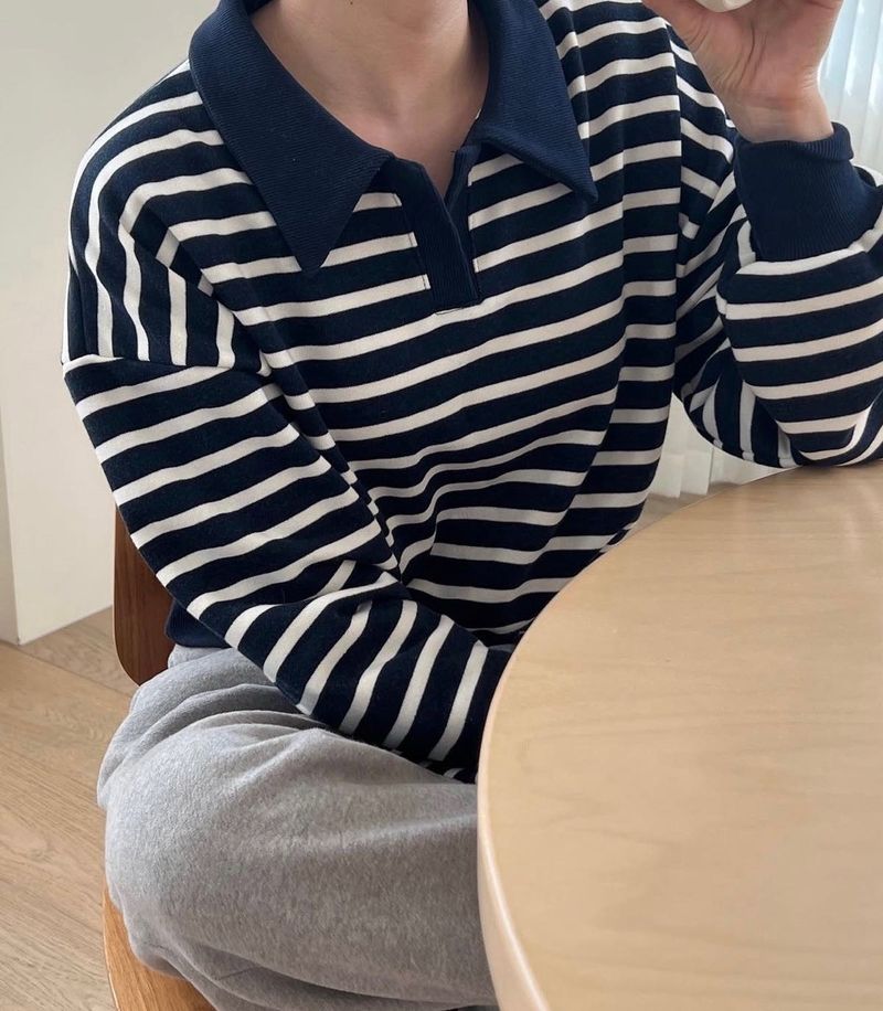 Striped Polo Neck Long Sleeve Top