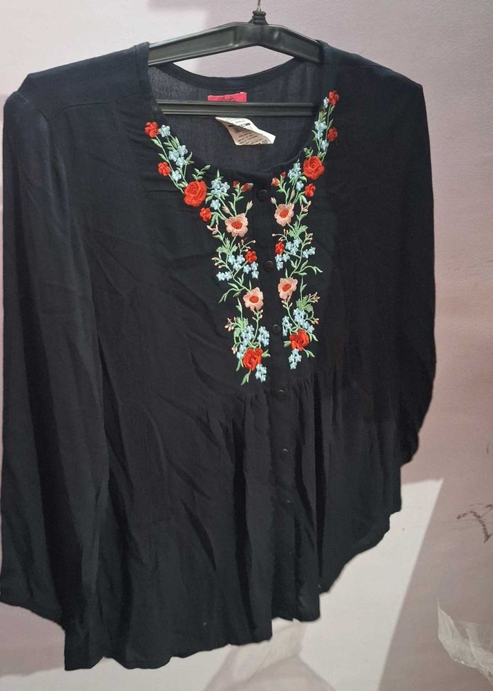 Floral Embroidered Black Top