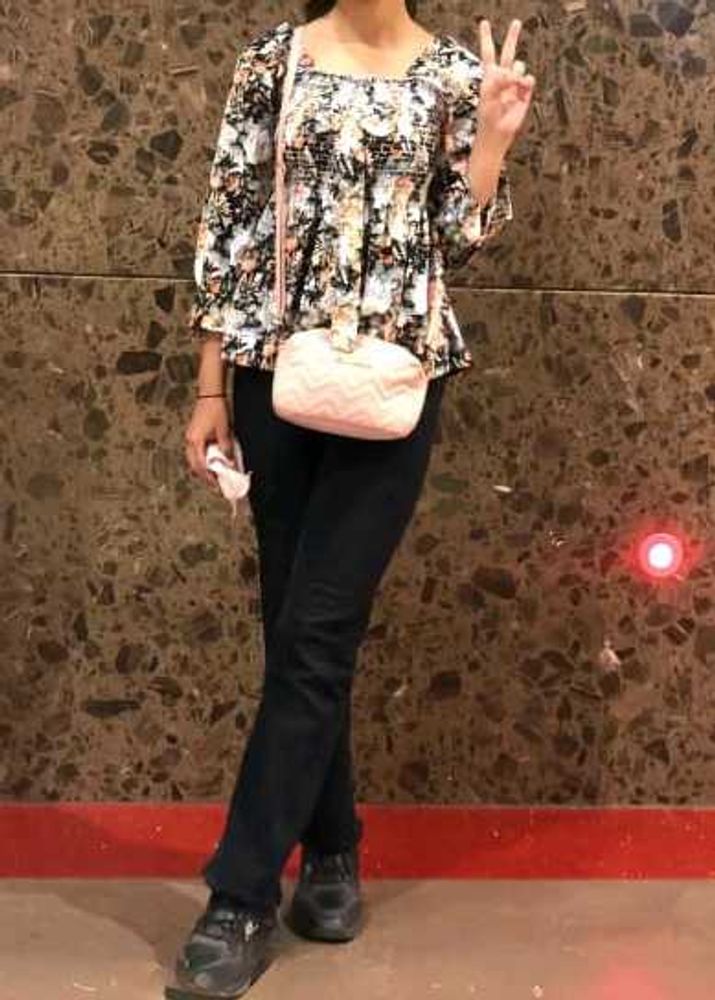 Floral Printed Top With Bow On Centre