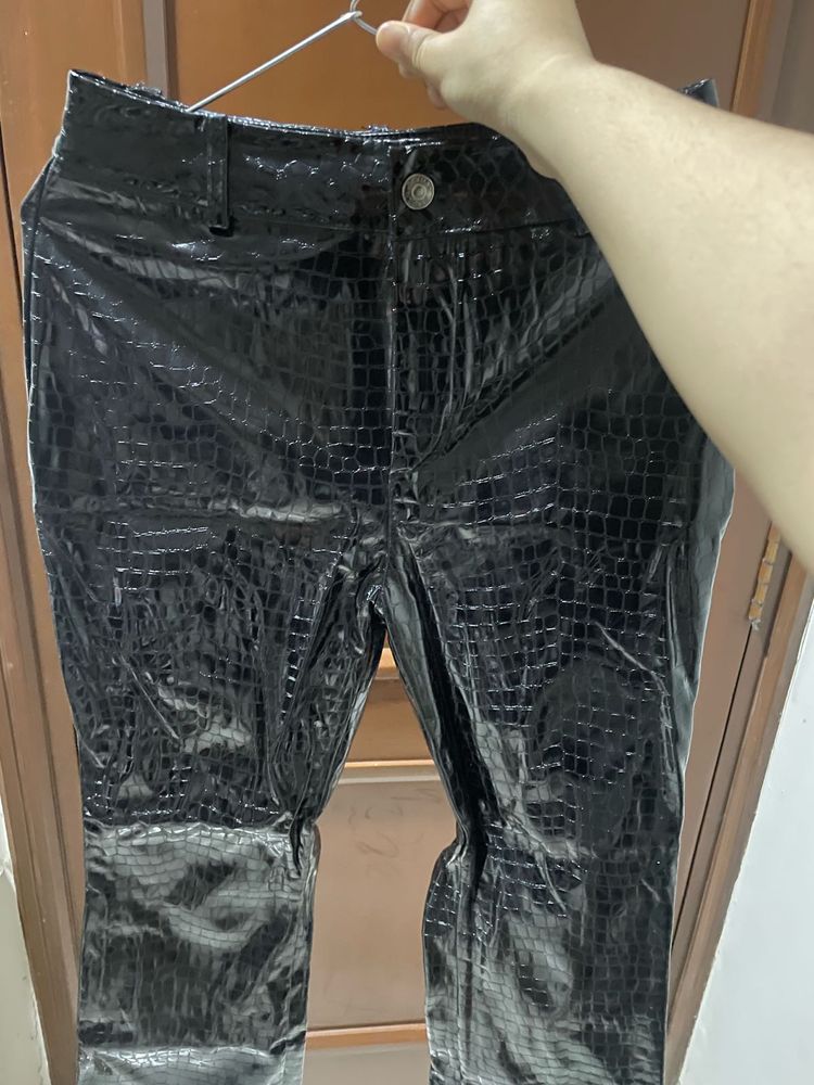 Shiny Black Crocodile-Print Pants