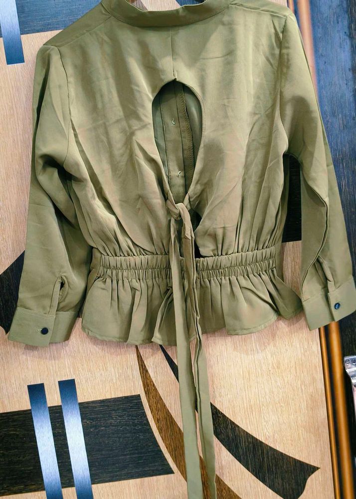 Olive Green Shirt With Tie Know Cut Back