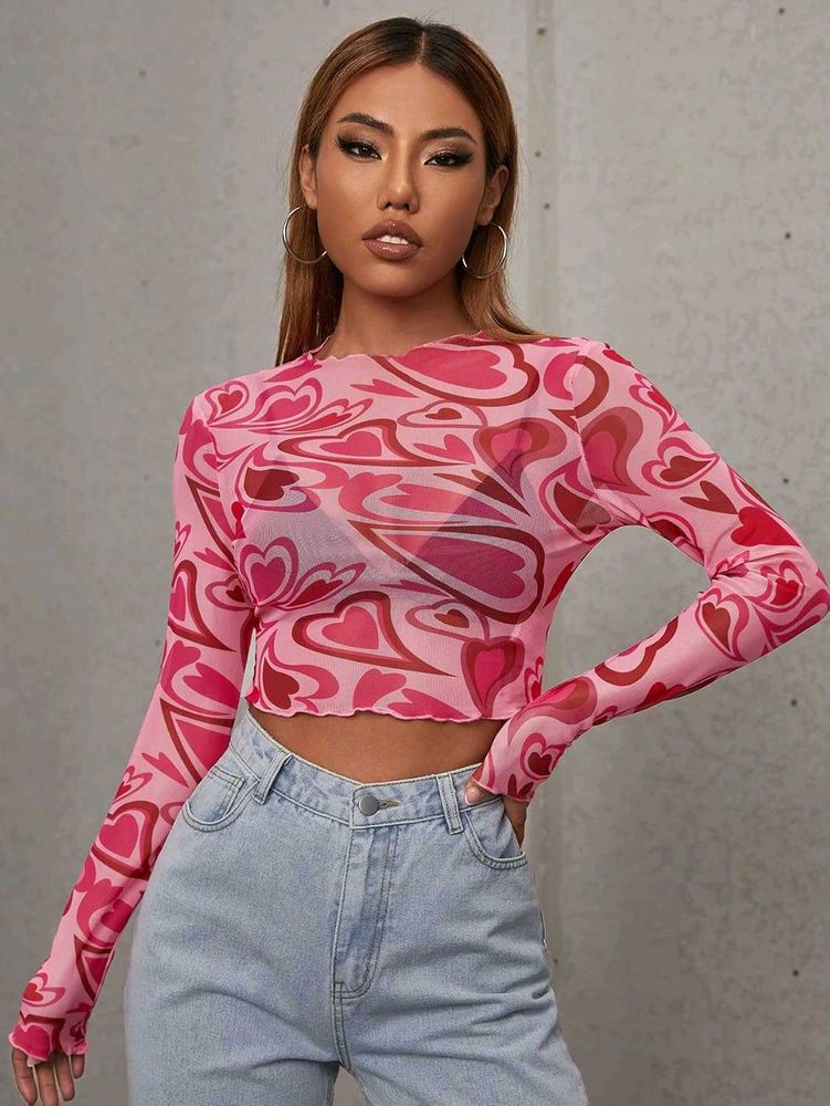 SHEIN ICON Heart Print Crop Top Size S