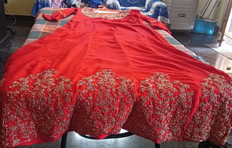 Red &amp; Gold Embroidered Anarkali Dress