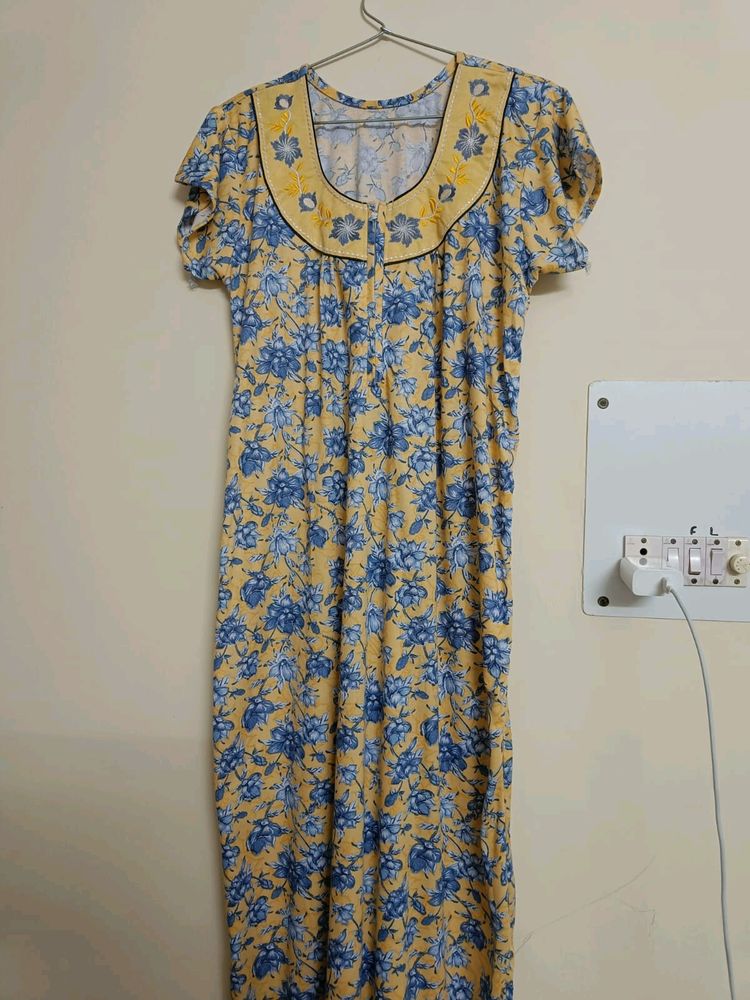 Women&#39;s Cotton Printed Maxi Nighty Yellow And Blue Colour Free Size.