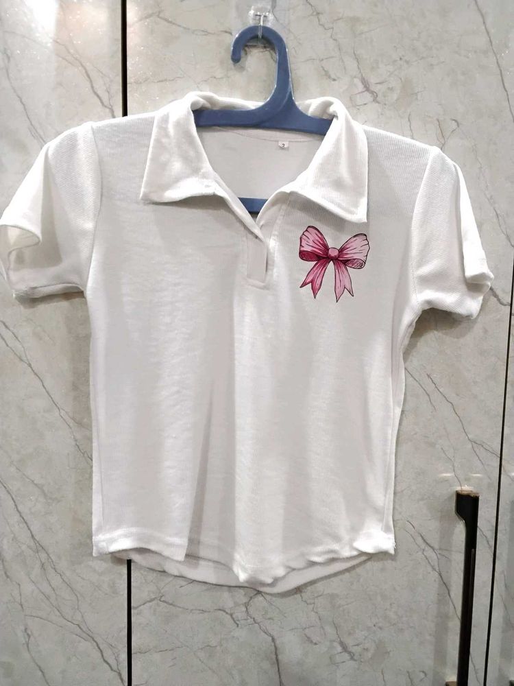 Cute White Polo Shirt with Bow