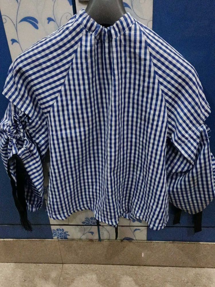 Blue &amp; White Checkered Top puff sleeves