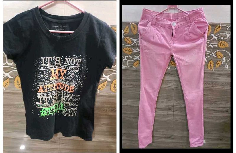 Combo Of Black T-shirt &amp; Baby Pink Skinny Fit Jean
