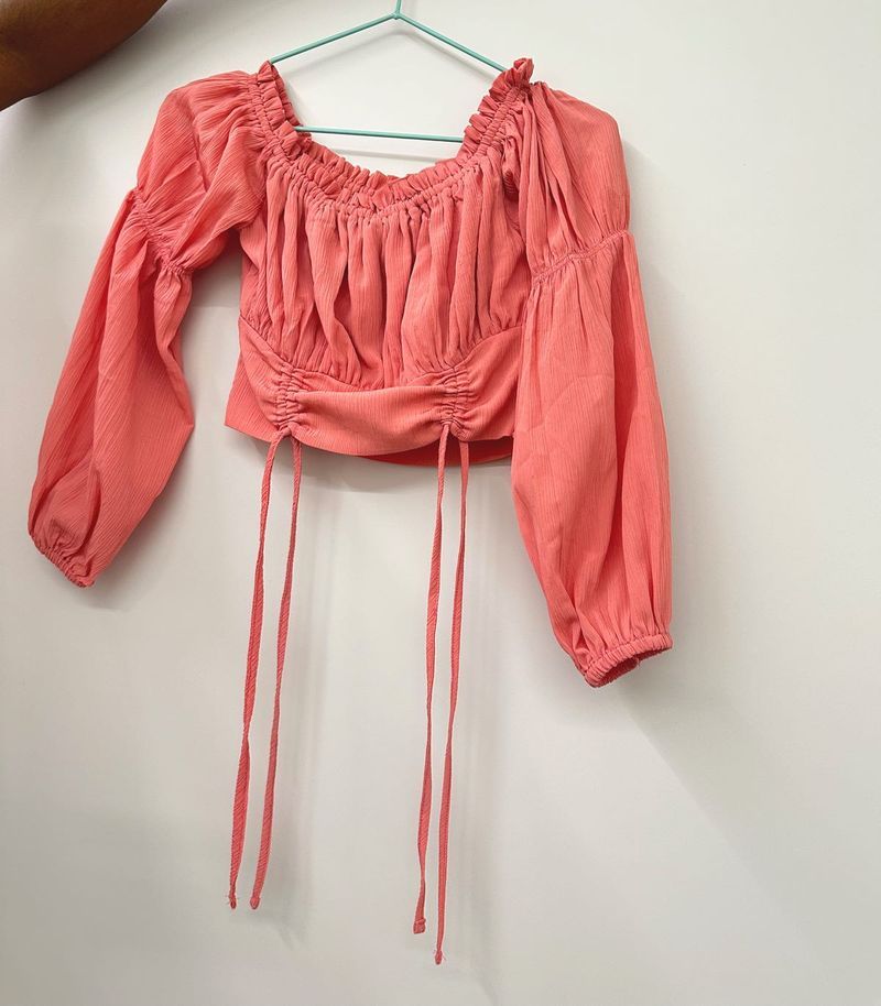 Coral off shoulder Long Sleeve Crop Top