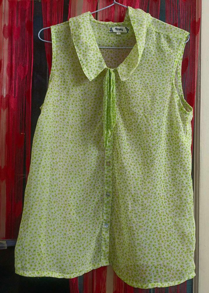 Fresh Green Floral Sleeveless Shirt