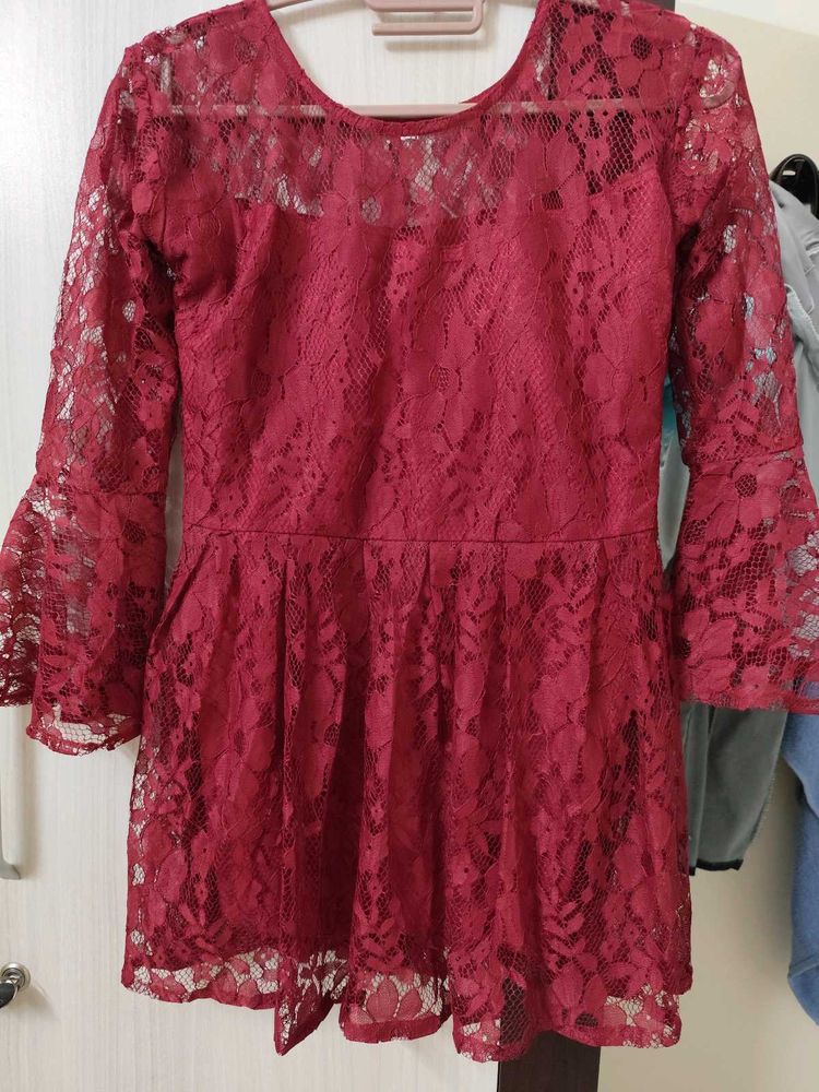 Burgundy Lace Bell Sleeve Dress