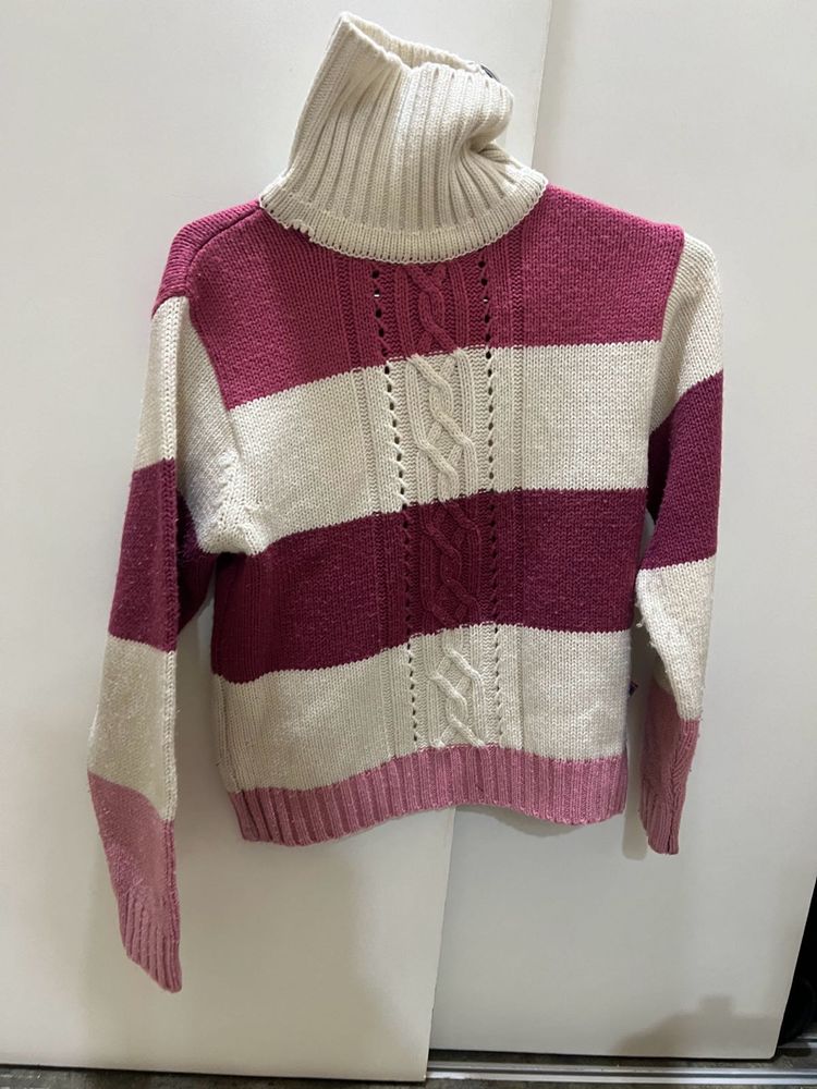 Women Pink White Wool Sweater
