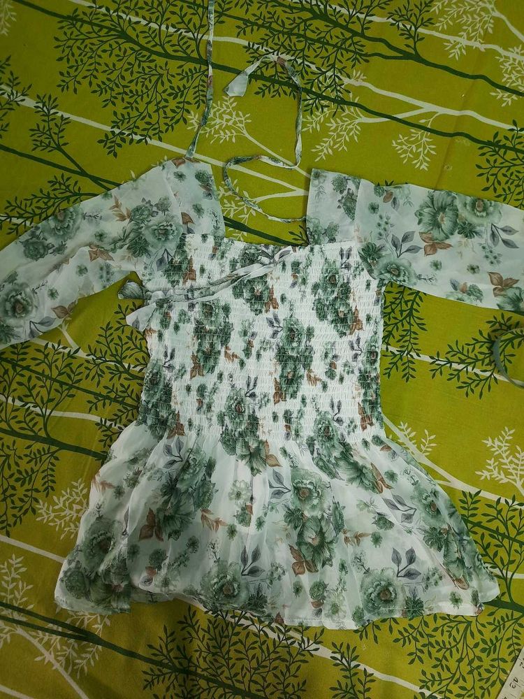 Floral Print Smocked Sheer Top