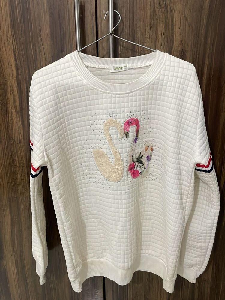 Stylish White Embellished Sweatshirt