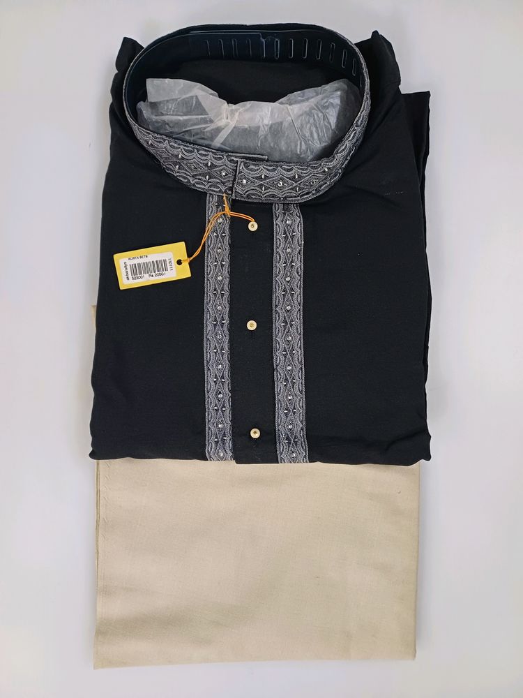 Silk Kurta Chudidar Set (Black With White Work)