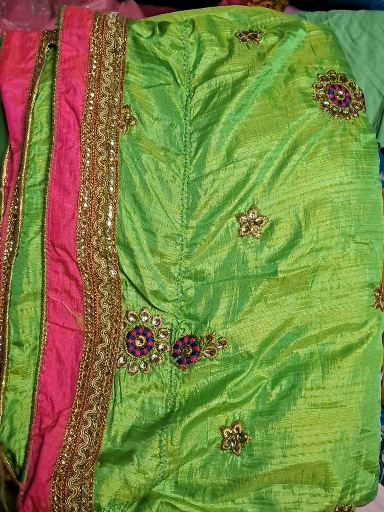 Green &amp; Pink Embellished Saree