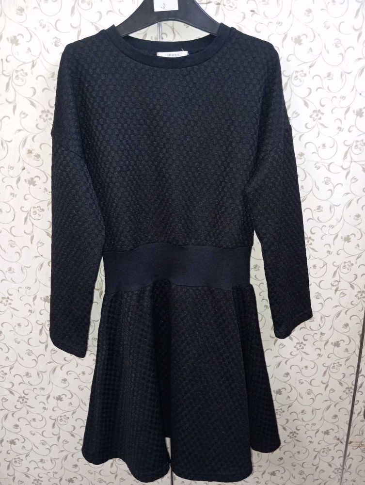 Black Textured Fabric Korean Style Skater Dress