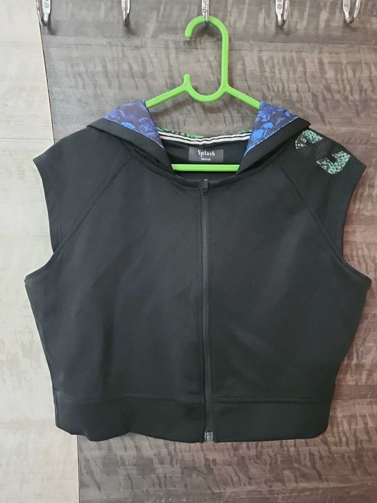 Splash Black Sleeveless Cropped Hoodie