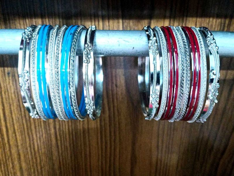Combo Of Silver Blue And Silve Red Bangle Set