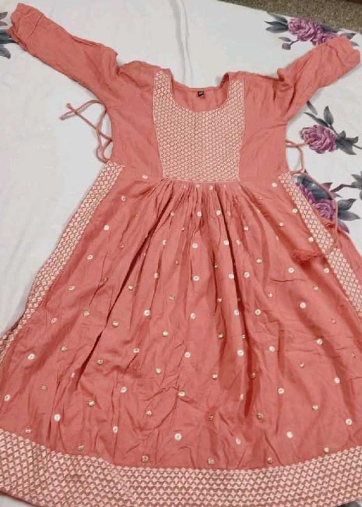 Peach Embroidered Naira Cut Kurta