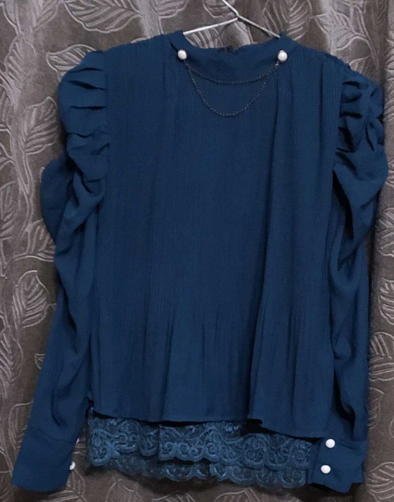 Elegant Blue Blouse with Pearl Detail